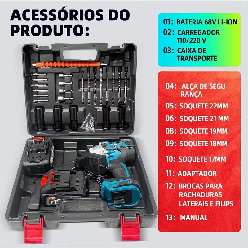 Chave de Impacto Sem Fio 68V Max Profissional com 2 Baterias e Maleta – Oficina Tools