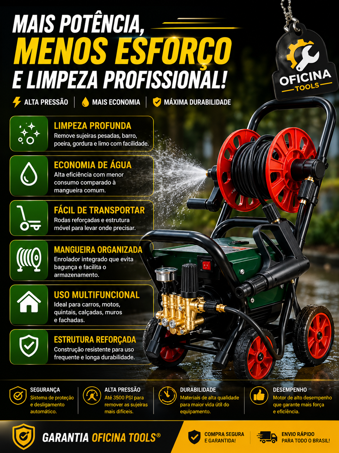 Lavadora de Alta Pressão Profissional 5800W 12L/min com Enrolador de Mangueira + Garantia Oficina Tools®