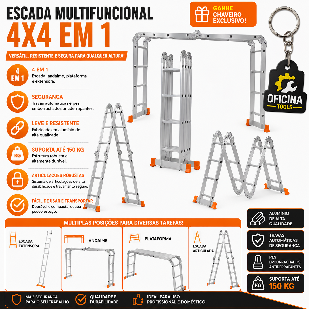 Escada Articulada Multifuncional 4x4 Premium – 16 Degraus em Alumínio