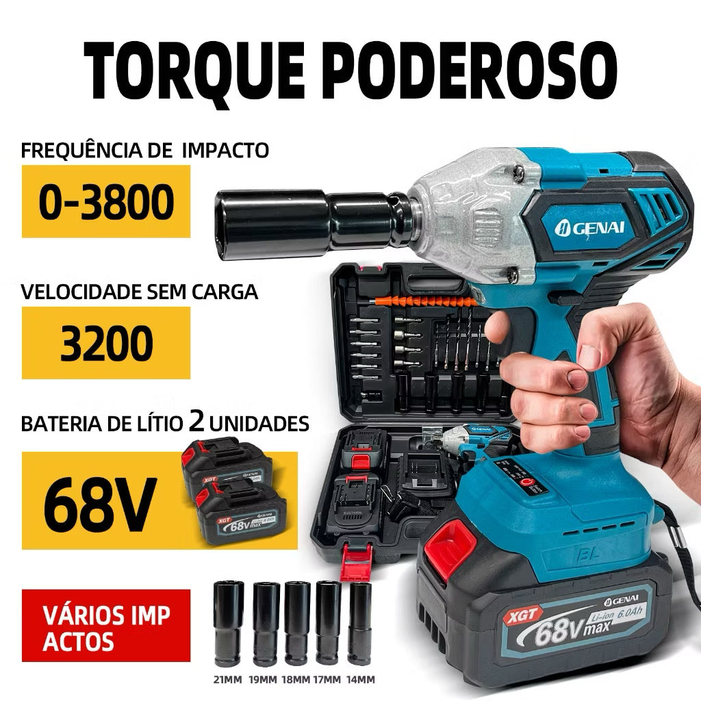 Chave de Impacto Sem Fio 68V Max Profissional com 2 Baterias e Maleta – Oficina Tools