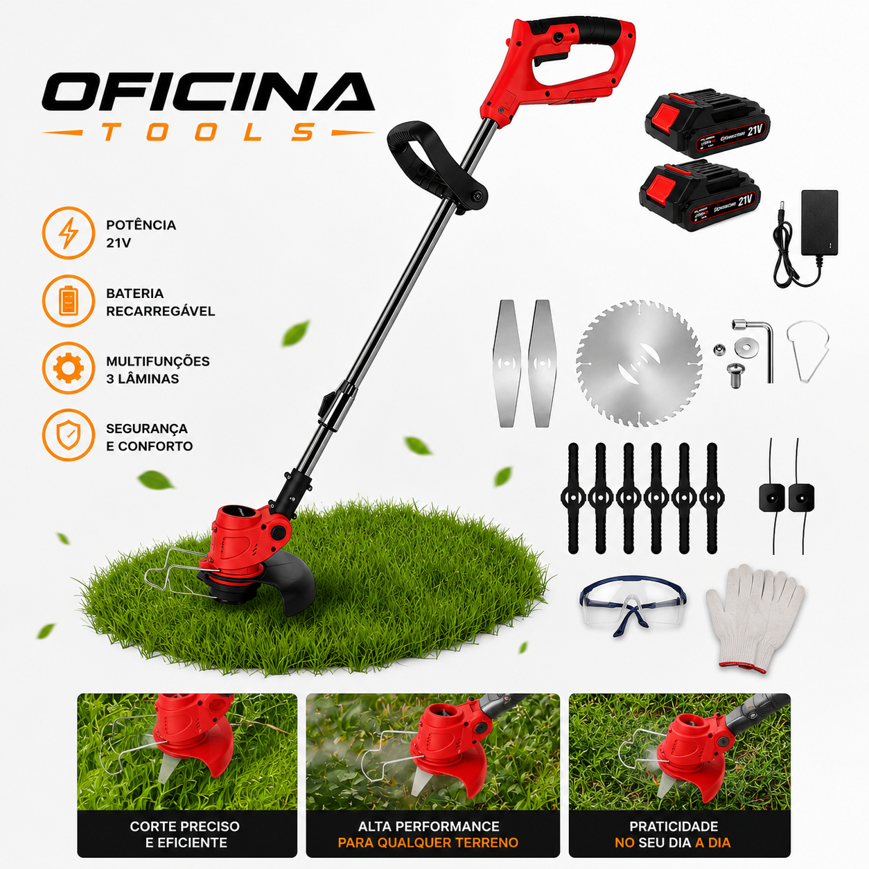 Roçadeira Aparador Cortador De Grama Elétrico Bivolt 110v/220v 2 Baterias Recarregável Kit Completo