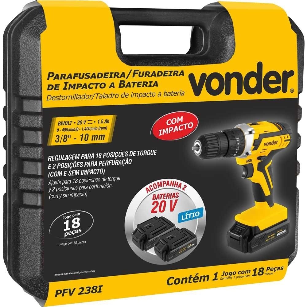 Kit Parafusadeira De Impacto 2 Bat e Maleta 20V PFV238I Vonder