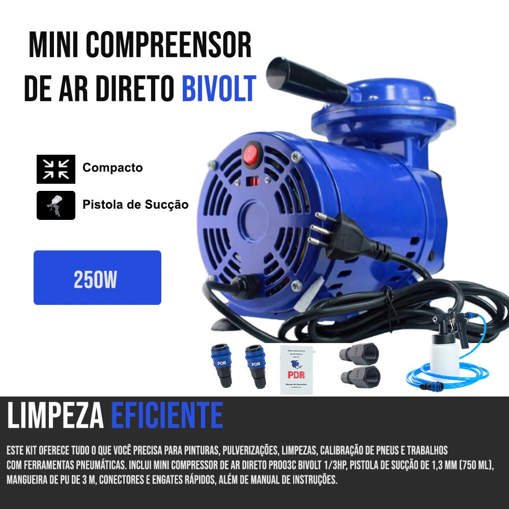 Compressor de Ar Direto Profissional Bivolt 50psi 250W 1700RPM Com Pistola e Mangueira PRO-03C PDR