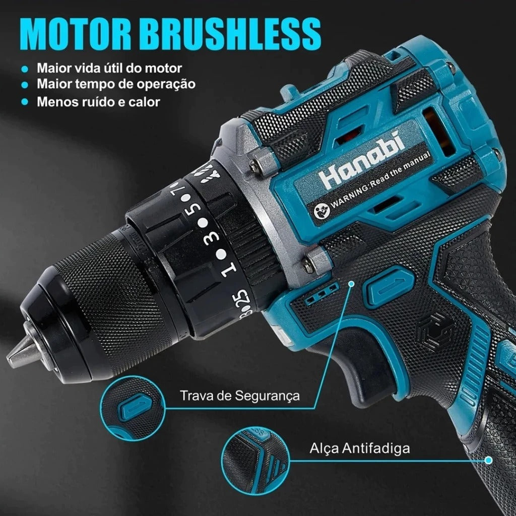 Hanabi Parafusadeira Furadeira de Impacto Brushless Profissional 16.8V 2000mAh Sem Fio com 1/2 Baterias