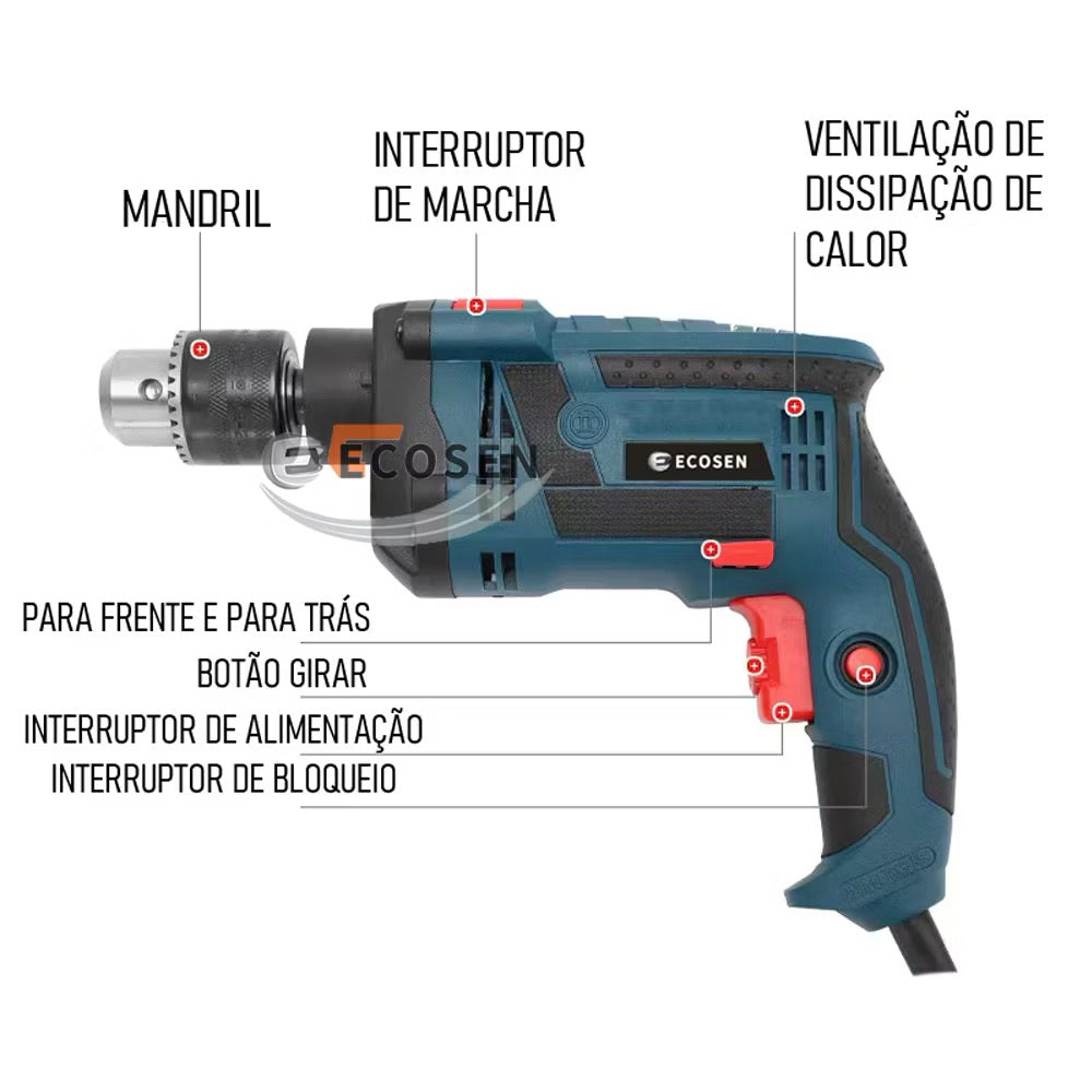 Furadeira Elétrica de Impacto 13mm 900W Auto Reverso – Ecosen
