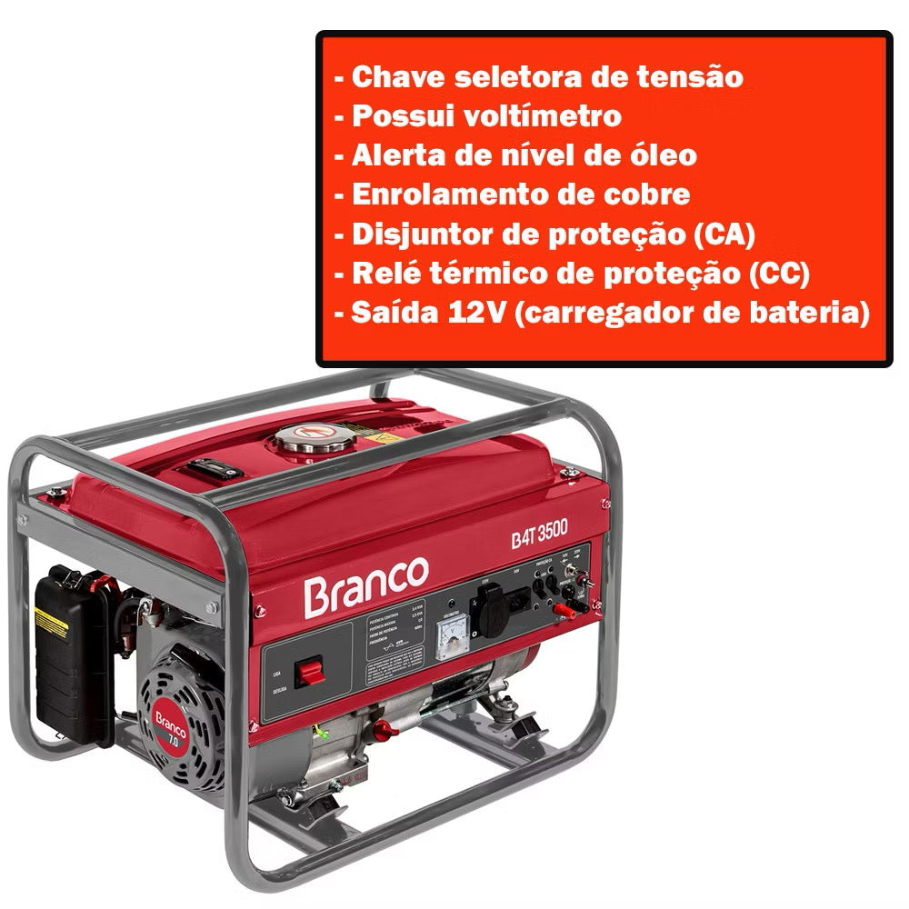 Gerador de Energia Branco B4T-3500 3,5kVA AVR Monofásico 110V/220V 🔴⚡