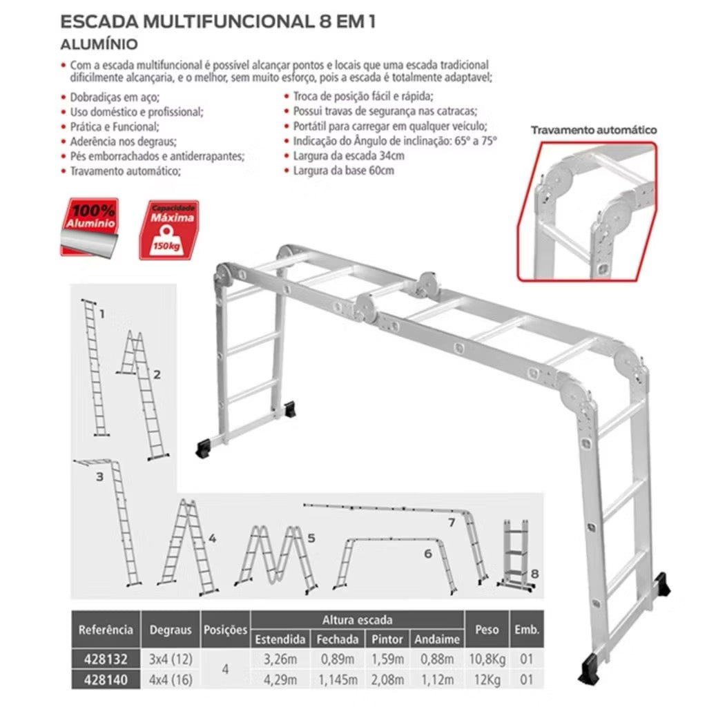 Escada Articulada Multifuncional 4x4 Premium – 16 Degraus em Alumínio