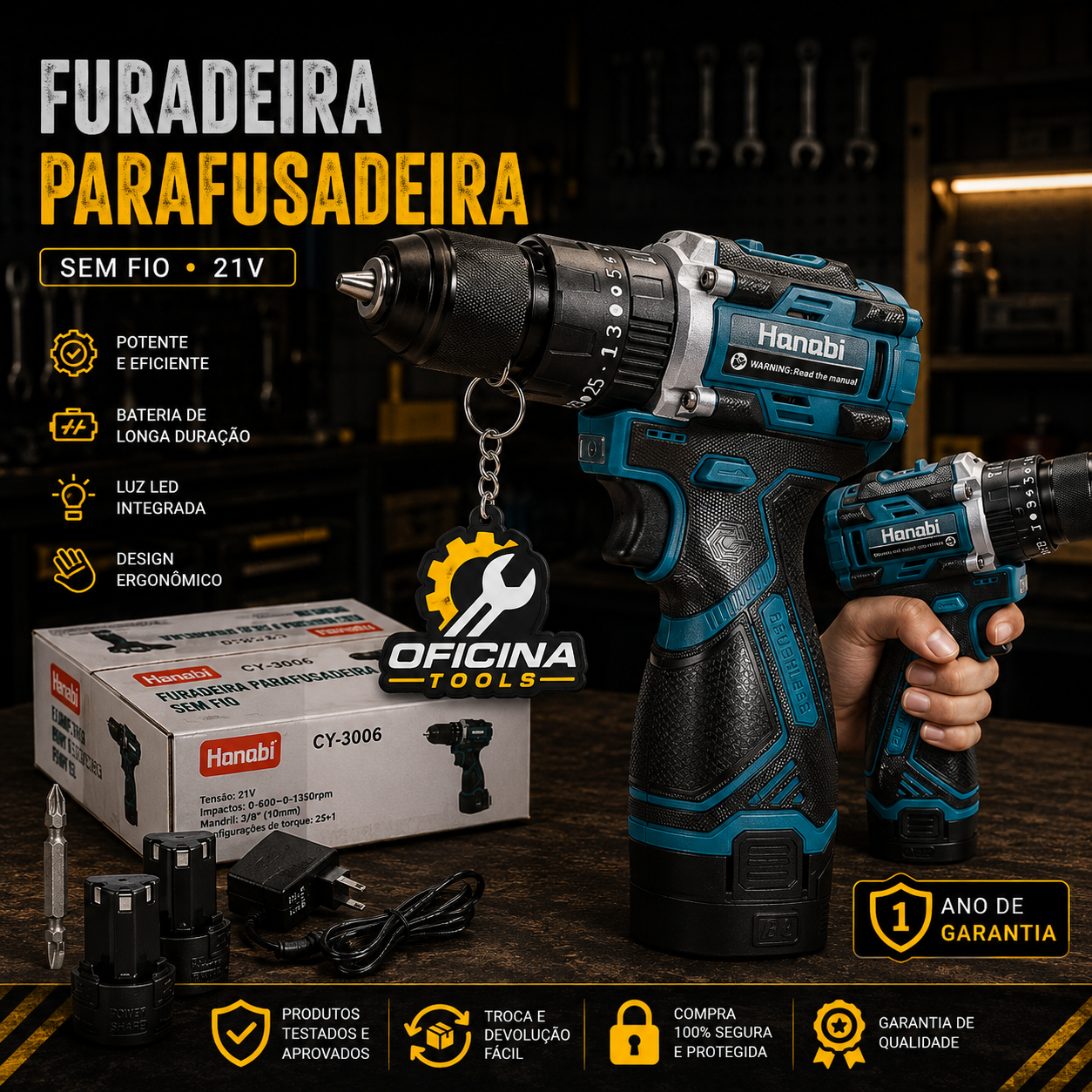 Hanabi Parafusadeira Furadeira de Impacto Brushless Profissional 16.8V 2000mAh Sem Fio com 1/2 Baterias