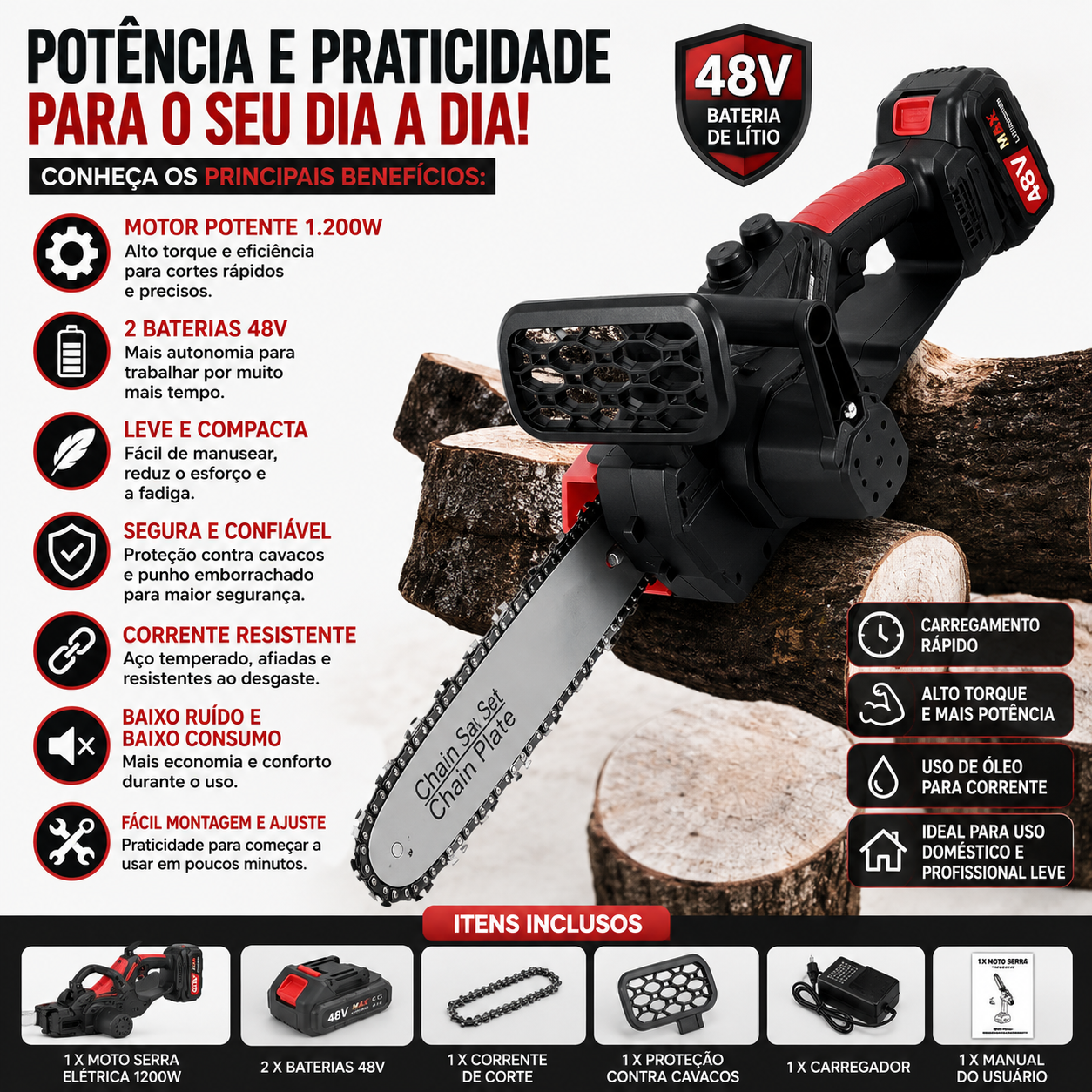 Moto Serra Elétrica 12” PowerCut 48V™ – 2 Baterias + Carregador