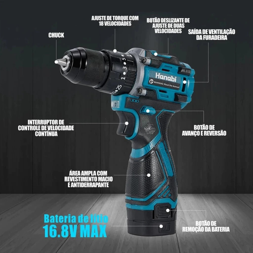 Hanabi Parafusadeira Furadeira de Impacto Brushless Profissional 16.8V 2000mAh Sem Fio com 1/2 Baterias