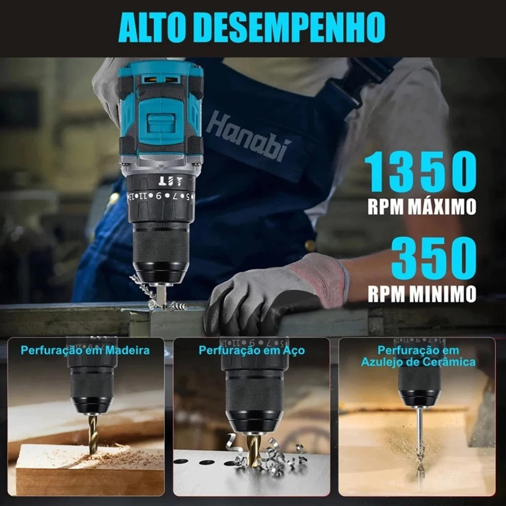 Hanabi Parafusadeira Furadeira de Impacto Brushless Profissional 16.8V 2000mAh Sem Fio com 1/2 Baterias